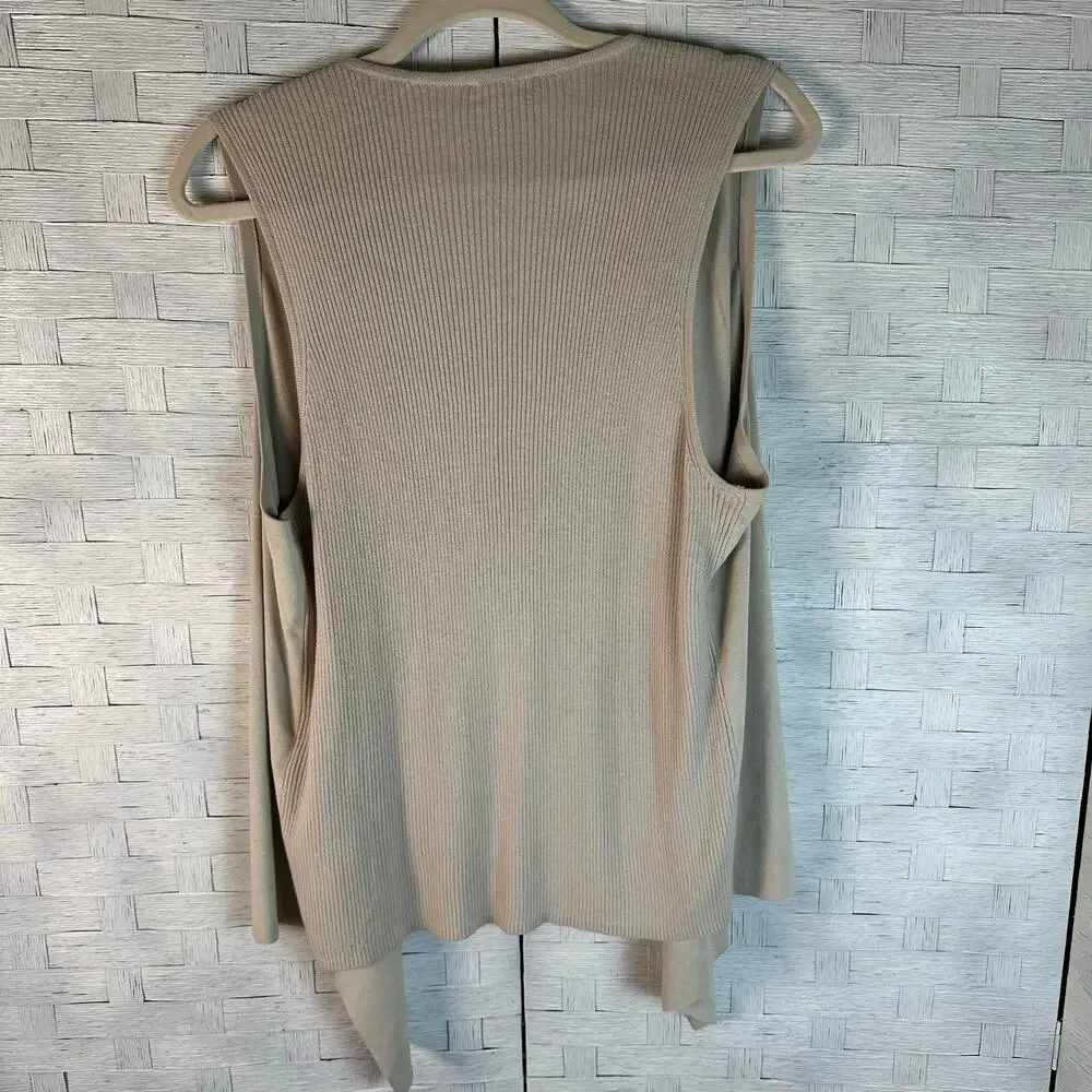 Chico's vest suede like waterfall front knit back dark cream, travel preppy‎